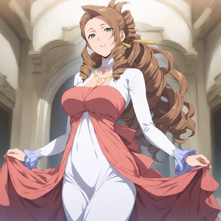 solo,looking at viewer,cowboy_shot,masterpiece,high score,great score,absurdres,<lora:Flora_Nanadan ag4o v1:1> flora_nanadan, brown hair, long hair, drill hair, green eyes,dress,mature female,