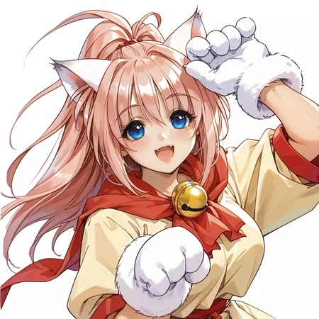 score_9, score_8_up, score_7_up, absurdres, source_anime, 1girl, solo, beautiful eyes, detailed eyes, (white background, simple background:1.3), from below , arms raised in the air, extend arms straight out ,
Melody_Sinclair, paw gloves, paw shoes, cat tail, large breasts,
smile, open mouth, fang, highlights,
pink leotard,yellow dress,yellow skirt,red sash,red scarf,tail ribbon,neck bell,
<lora:PerfectEyesXL:1> perfecteyes, <lora:Melody_Sinclair_v1_rev3-000040:0.8>