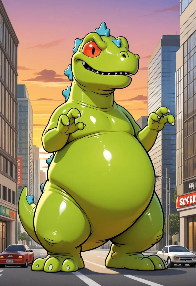 1boy, solo, Reptar, dinosaur, green body, blue spines, red sclera, three fingers, three toes, thick legs, bottom heavy, chubby, semi-anthro, tail, big eyes, expressive eyes, toony eyes, fat, smooth shiny body, giant, city, street, cars, skyscrapers, sunset, high quality, detailed, digital art, masterpiece, amazing shading, wacky, silly, western animation style