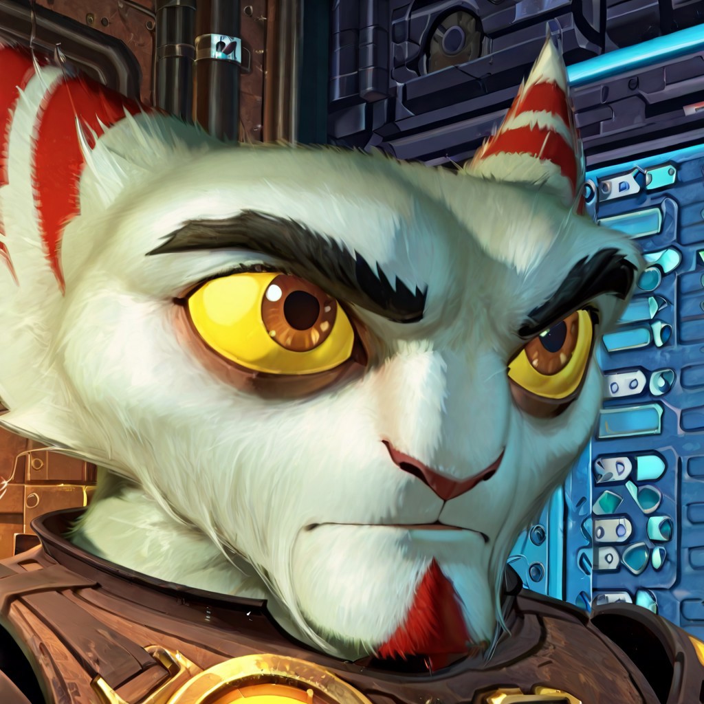 score_9,score_8_up,score_7_up,score_6_up,Alister, solo, furry male, older male, yellow sclera, red-brown goatee, beard, tall, muscular, light gray fur with red-brown stripes, thick black eyebrows, a red-brown nose, brown eyes, dark brown and black armor with plates on the shoulders and chest, symbol on chestplate, brown boots, brown gloves with gold accents, red and white tail, close up, face shot, portrait,