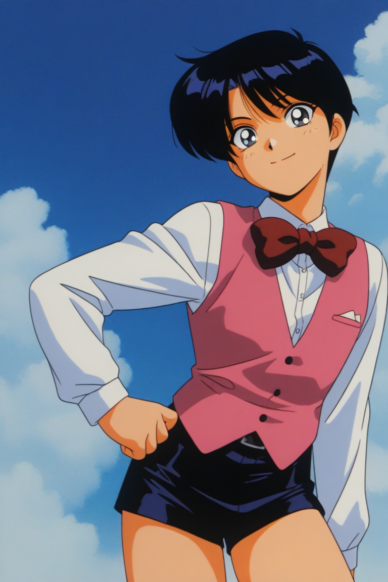 masterpiece, best quality, source_anime,official art,perfect_anatomy,1990s_\(style\),retro_artstyle,1boy,Shuichi_Shirato,black_hair,bangs,red_bowtie,white_shirt,long_sleeves,shorts,pink_vest,(detailed face,looking_at_viewer,smile),hand_on_hip,cowboy_shot,blue_sky,cloud