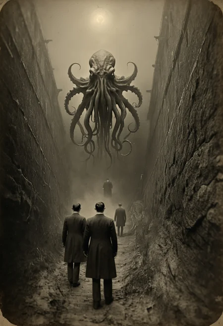 antique photo, eerie atmosphere, creepy, descent into madness, cthulhu mythos, nameless ones,  horror, lovecraft, <lora:Antique_Photo:1>