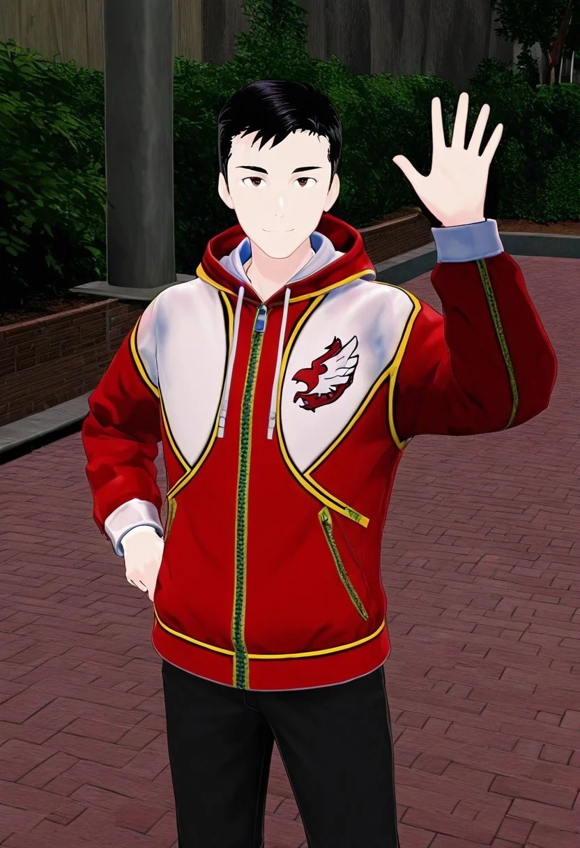 harmard, black hair, short hair, brown eyes, 1boy, solo, solo focus, red_white_jacket, black pants, young man, outdoor setting, right hand waving gesture, left hand leans on hip, handfixer