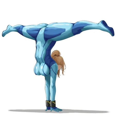 1girl, solo, long hair, breasts, blonde hair, large breasts, simple background, white background, full body, ponytail, ass, signature, spread legs, bodysuit, all fours, skin tight, upside-down, hanging breasts, blue bodysuit, flexible, zero suit, handstand, samus aran, Splitting, <lora:7e5b5ca2-94d0-4fd2-a426-431302998444:0.7>