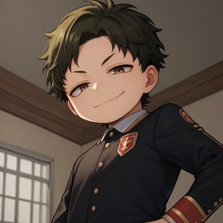 score_9, score_8_up, score_7_up, source_anime, highly detailed, cute boy, 1boy, solo, young, damian desmond, short hair, brown hair, brown eyes, Eden academy school uniform, red socks, black dress shoes, smug smile, from below, hand on hip