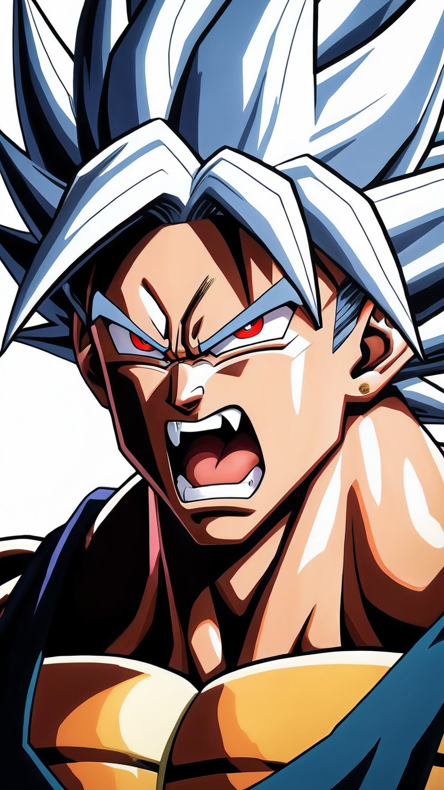 yamer_scream, ikari broly, son goku rage, screaming saiyan, screaming, muscular man, dragon ball super style, face close up, upper body, red eyes, (white hair), <lora:Saiyan_Scream:1>