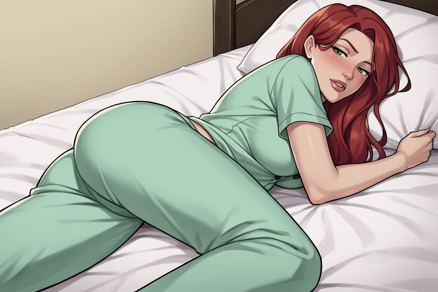 PonyXLV6_Scores BREAK ((parody, style parody),  perfect anatomy, perfect eyes), <lora:add_details_xl:0.8> BREAK <lora:Spider-Woman_-_Ultimate_Spider-Man:0.8> mary jane watson, long hair, red hair, green eyes, flirting, half-closed eyes, blushing, ((looking back at viewer)), pajamas, green shirt, short sleeves, green pants, large breasts, curvy, toned, athletic,  bed invitation, laying on side, under covers, bed sheet, sexually suggestive pose, beckoning to join, luxurious bed, indoors