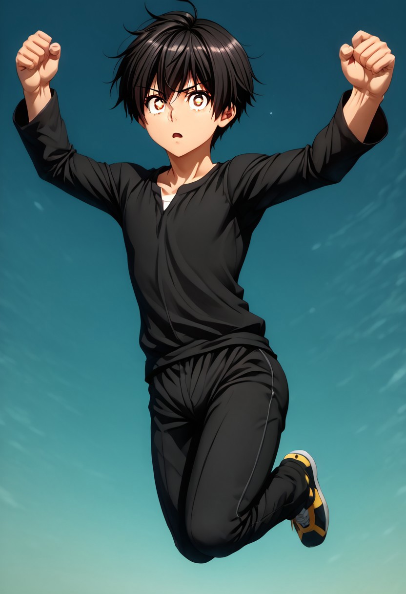 high resolution, solo, best quality, 1Boy, Seiya Kanie, Black Hair, Short Hair, Thin, Brown Eyes, Excitement, jumping, sparkling eyes, enthusiasm,