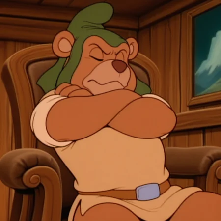 masterpiece, best quality, amazing quality, gruffi, male, furry male, anthro, solo, bear, brown fur, black eyes, tan muzzle, brown nose, paw pads, short, green hat, brown shirt, brown belt, sitting down, on chair, leaning back, crossed arms, 
closed eyes, indoors, living room