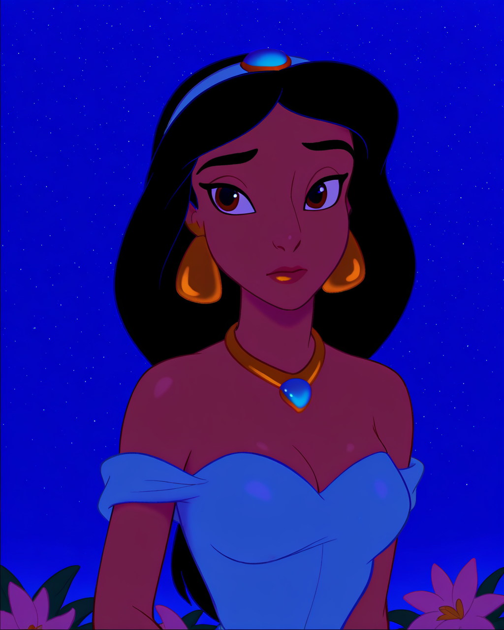 masterpiece, best quality, amazing quality, absurdres,  DisneyRenstyle, DAladdin, PJasmine, 1girl, dark-skinned female, dark skin, flower, jewelry, star (sky), black hair, night sky, bare shoulders, earrings, long hair, breasts, necklace, upper body, starry sky, cleavage, dress, brown eyes <lora:Disney_Renaissance_IllustriousV1:1>