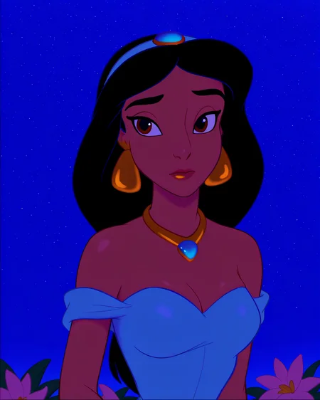 masterpiece, best quality, amazing quality, absurdres, DisneyRenstyle, DAladdin, PJasmine, 1girl, dark-skinned female, dark skin, flower, jewelry, star (sky), black hair, night sky, bare shoulders, earrings, long hair, breasts, necklace, upper body, starry sky, cleavage, dress, brown eyes <lora:Disney_Renaissance_IllustriousV1:1>
