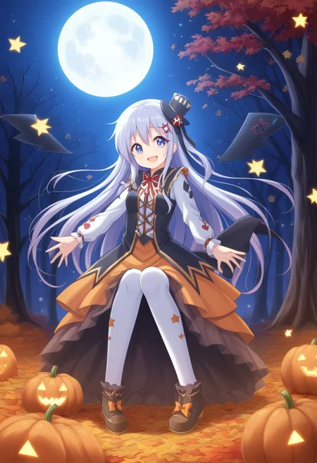 masterpiece, highest quality, (cute girl:1.3) in a (colorful:1.2) Halloween costume, (smiling:1.1), surrounded by (glowing jack-o'-lanterns:1.2), (full moon:1.1), whimsical, playful, autumn leaves, (sparkling:1.0) stars, enchanting forest background, (soft lighting:1.2), by (Tim Walker:1.4), vibrant colors, dreamy atmosphere.