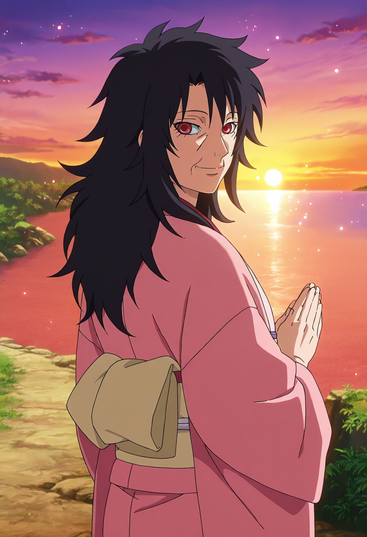 <lora:yuuhi_kurenai_v1b_pny:1> yuuhi_kurenai, solo, 1girl, black hair, long hair, red eyes, japanese clothes, kimono, pink haori, beige obi, old woman, from behind, looking back, own hands together, smile, outdoors, horizon, sunset, river, source_anime, anime screencap