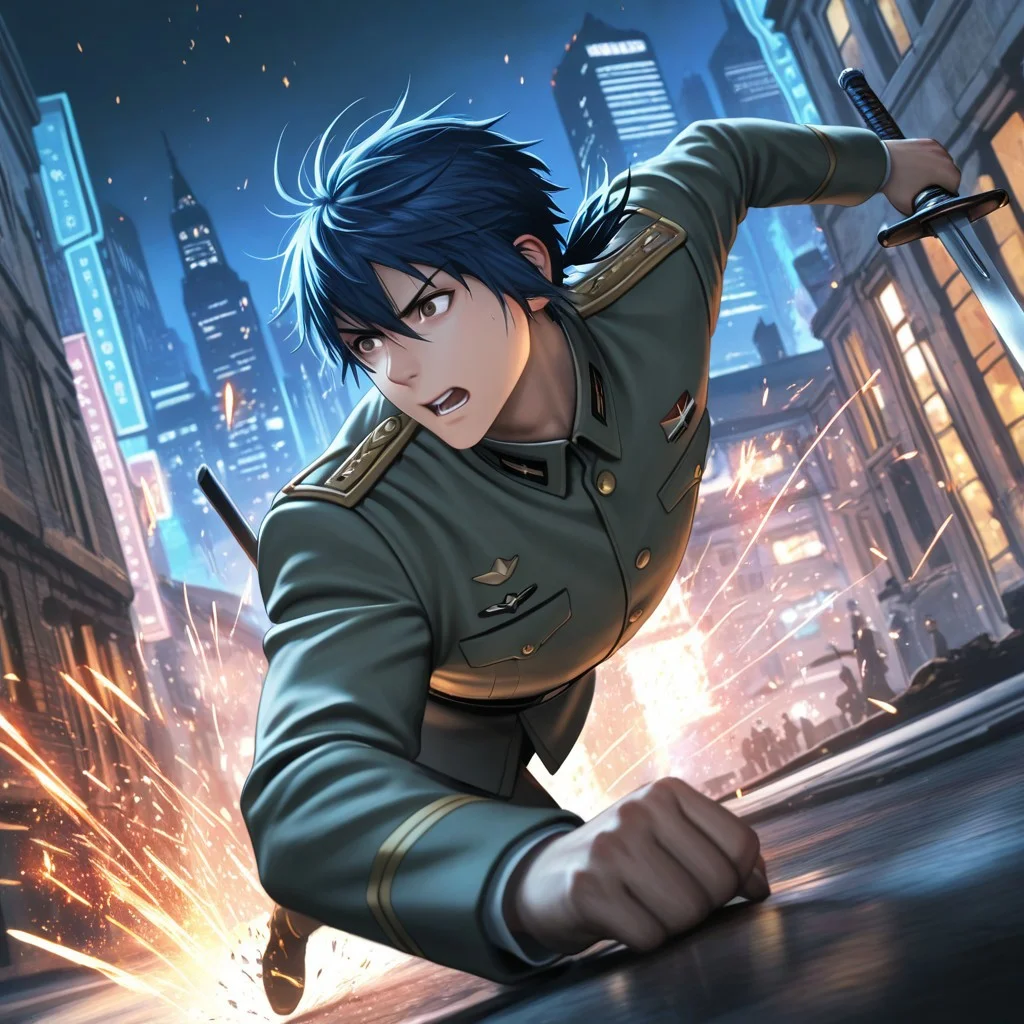masterpiece, best quality, amazing quality, absurdres, newest, detailed background, definition so sharp, Ultra-HD, 8K cinematic, very awa, impressionate, amazing quality, highres,
solo, male focus, manly,
daikakukokujouji, 1boy, short hair, tied hair, low tied hair, lieutenant_pretime, lieutenant_blue hair, lieutenant_brown eyes, running, tripping, determined expression, sword \(weapon\), mid-air, sparks \(effect\), dynamic pose, city background, night, cool colors, clumsy, heroic, energetic, charming