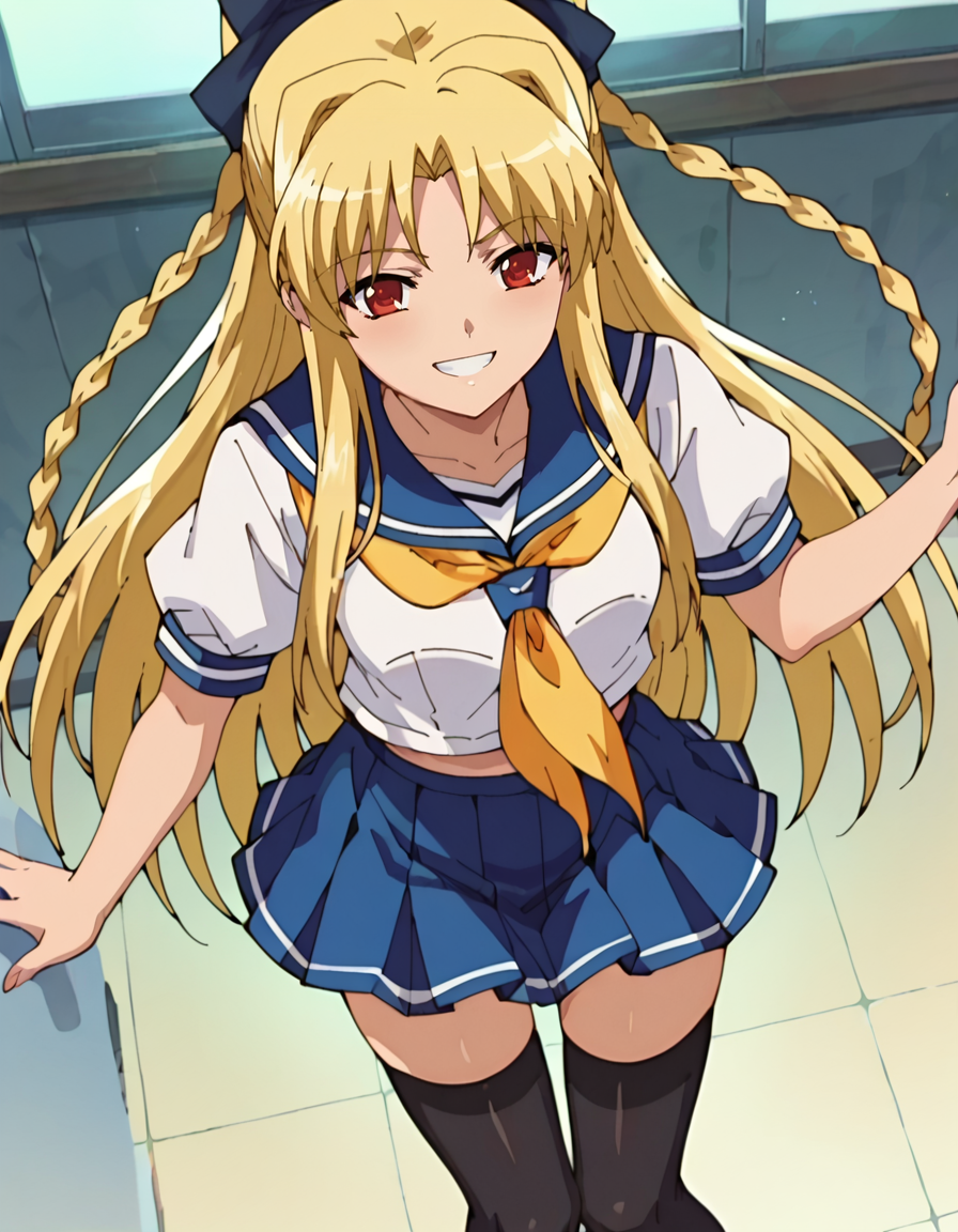 score_9,score_8_up,score_7_up,score_6_up,score_5_up,score_4_up,1girl, <lora:YuriKashima:0.8> YuriKashima,hair ribbon,twin braids,serafuku,yellow neckerchief,black thighhighs,skirt,looking at viewer,smile,grin,from above,anime screencap