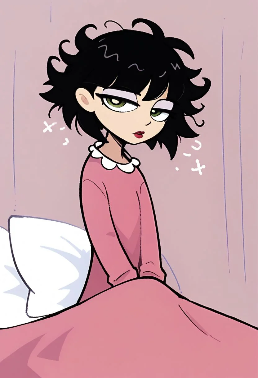 powerpuff, ingridthird, 1woman, black hair, solo, short hair, green eyes, pink pajamas, long sleeves, makeup, looking at viewer, lipstick, bob cut, cowboy shot, score_9, score_8_up, score_7_up, score_6_up, under blanket, sitting up, on bed, white blanket, messy hair, bedhead, stretching, yawning, closed mouth, sleepy, half-closed eyes, white sheets, white pillow, white bedding, white bed,