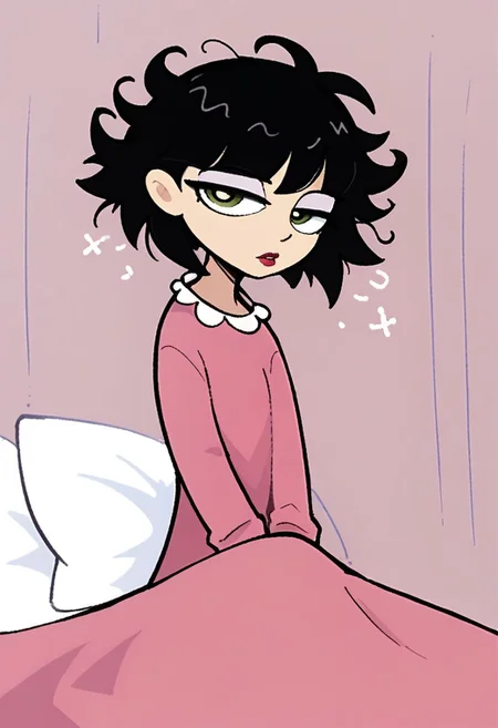 powerpuff, ingridthird, 1woman, black hair, solo, short hair, green eyes, pink pajamas, long sleeves, makeup, looking at viewer, lipstick, bob cut, cowboy shot, score_9, score_8_up, score_7_up, score_6_up, under blanket, sitting up, on bed, white blanket, messy hair, bedhead, stretching, yawning, closed mouth, sleepy, half-closed eyes, white sheets, white pillow, white bedding, white bed,