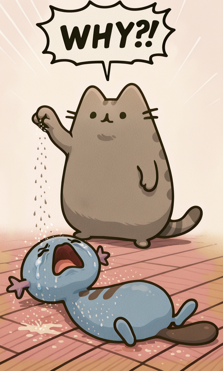embedding:IllusP0s, pusheen, smile, standing, sprinkling salt, 2others, no humans, open mouth, crying, wooper_\(pokemon\), laying, WHY?!, speech bubble,<lora:sprinkling salt_illustrious.safetensors:1.0:1.0> <lora:PusheenIXL.safetensors:0.8:0.8> <lora:why_illustrious.safetensors:1:1>
