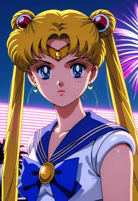 in the style of ck-rw, Sailor_Moon, blue eyes, sailor senshi uniform, long twintails, blonde, ultra-detailed, detailed eyes, slim, delicate features, masterpiece, best quality, amazing quality, rertowave, colorful, depth of field, dramatic lighting, seductive, neon purple lights, palm trees, triangle, sundown