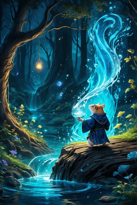 digital illustration, (fantasy drawing, fantastic fantasy), maximum resolution, maximum details, 8k, masterpiece, blue light, incandescence, neon, hamster dressed as a wizard, doing magic, bending water, (elemental:1.5, detailed waters:2, magical waters:2, water in swirls, water, water details), magical forest scenery, at night, cut tree trunk, <lora:add-detail-xl:3>