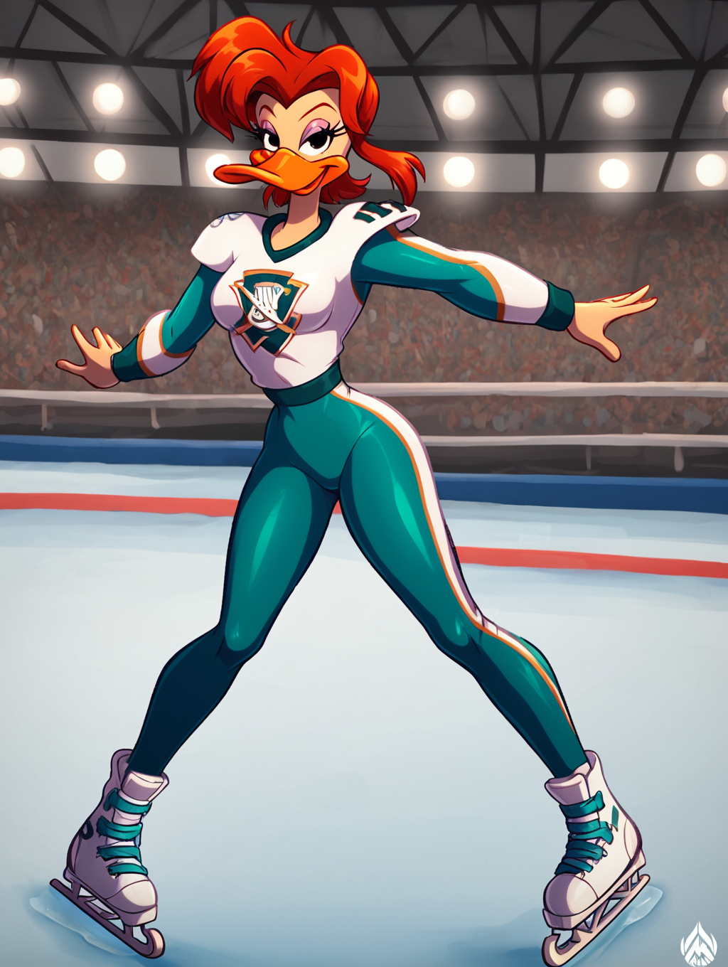 score_7, score_8, score_9, detailed background,inside,ice hockey stadium,(on ice rink:1.4), ,on ice,ultra high detailed,masterpiece,full body, BREAK Solo, 1girl,female,seductive eyes,long eyelashes,half closed eyes, furry,anthro, <lora:Mallory_McMallard_Might_Ducks:0.8> mallory_mcmallard,  duck, red hair,solo, single, beak, long eyelashes, black eyes, narrow waist, ,medium breasts,hockeyoutfit, number 15 on sleeve, white hockey uniform with red and teal accents, mighty ducks logo on chest,  (broad shoulders:1.4),ice rink,wearing Ice Skates,Ice Skates,long sleeves,tight leggings,