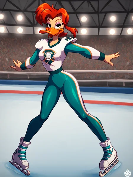 score_7, score_8, score_9, detailed background,inside,ice hockey stadium,(on ice rink:1.4), ,on ice,ultra high detailed,masterpiece,full body, BREAK Solo, 1girl,female,seductive eyes,long eyelashes,half closed eyes, furry,anthro, <lora:Mallory_McMallard_Might_Ducks:0.8> mallory_mcmallard,  duck, red hair,solo, single, beak, long eyelashes, black eyes, narrow waist, ,medium breasts,hockeyoutfit, number 15 on sleeve, white hockey uniform with red and teal accents, mighty ducks logo on chest,  (broad shoulders:1.4),ice rink,wearing Ice Skates,Ice Skates,long sleeves,tight leggings,