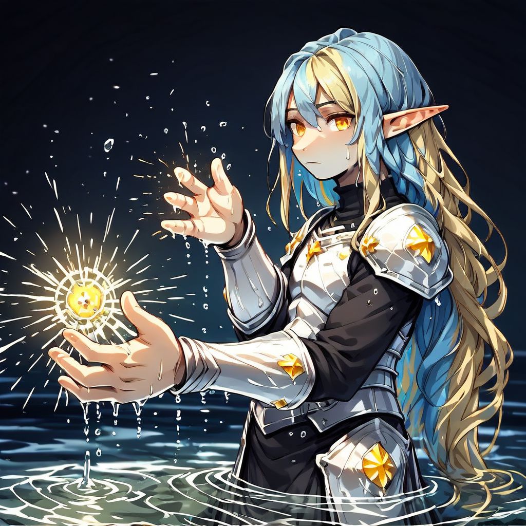 yum4rt, Lapanya, 1 person, pointy ears, 3 fingers 1 thumb, ((Underground cavern background)):1.5, ((snout nose)):1.0, flat chest, light skin, yellow irises, ((two-tone hair, light blue hair, blonde undertones)), wavy hair, long hair, ((chubby build, chubby face)), long sleeved black robe, white armor, wet hair, wet clothes 
Close up, dynamic view, Standing hip-deep in water, casting water magic, water tendrils 
((clean lines, source: anime, detailed fingers, high quality, best quality, masterpiece, rating: g score: 9, score: 8 up))