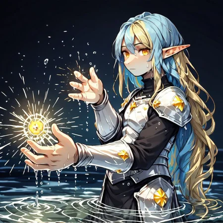 yum4rt, Lapanya, 1 person, pointy ears, 3 fingers 1 thumb, ((Underground cavern background)):1.5, ((snout nose)):1.0, flat chest, light skin, yellow irises, ((two-tone hair, light blue hair, blonde undertones)), wavy hair, long hair, ((chubby build, chubby face)), long sleeved black robe, white armor, wet hair, wet clothes
Close up, dynamic view, Standing hip-deep in water, casting water magic, water tendrils
((clean lines, source: anime, detailed fingers, high quality, best quality, masterpiece, rating: g score: 9, score: 8 up))