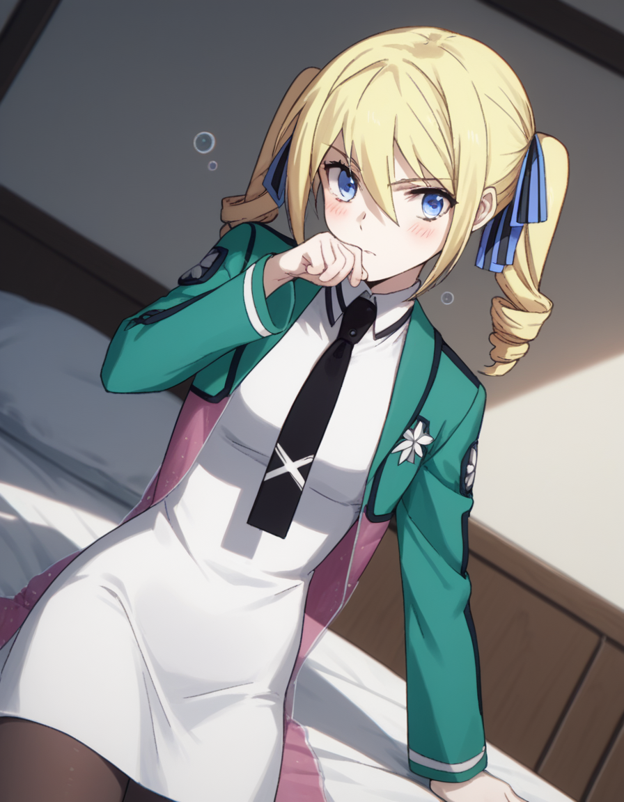 score_9, score_8_up, score_7_up, source_anime,
angelinakudoushields, <lora:angelina-kudou-shields-s2-ponyxl-lora-nochekaiser:1>,
angelina kudou shields, blue eyes, blonde hair, ribbon, hair between eyes, twintails, hair ribbon, drill hair, blue ribbon, twin drills,
long sleeves, dress, school uniform, pantyhose, necktie, white dress, black necktie,
indoors, bed, bed room, on side, blush, drunk,
solo, dutch angle, looking at viewer, cowboy shot,