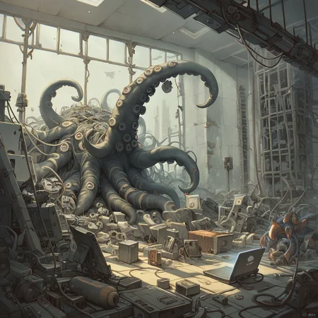score_9, score_8_up, score_8, ral-elctrprts, server room background, giant octopus made of ruins and computer parts breaking out of a computer, smashing GPUs, snapping electrical wires that still to it to the computer banks and causing electrical fires, broken electronic parts flying as destruction is caused
