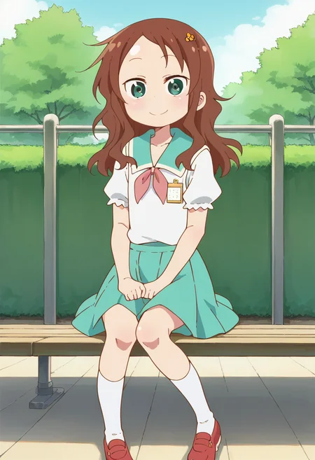 1girl, solo, rikos, saisch, long hair, green skirt, brown hair, hair ornament, green eyes, flower, hair flower, school uniform, shoes, socks, uwabaki <lora:PonyXL Riko Saikawa:1>, score_9, score_8_up, score_7_up, score_6_up, score_5_up, score_4_up , anime coloring ,BREAK source_anime, anime,
looking at viewer, smile,
outdoors, park, sitting on bench,