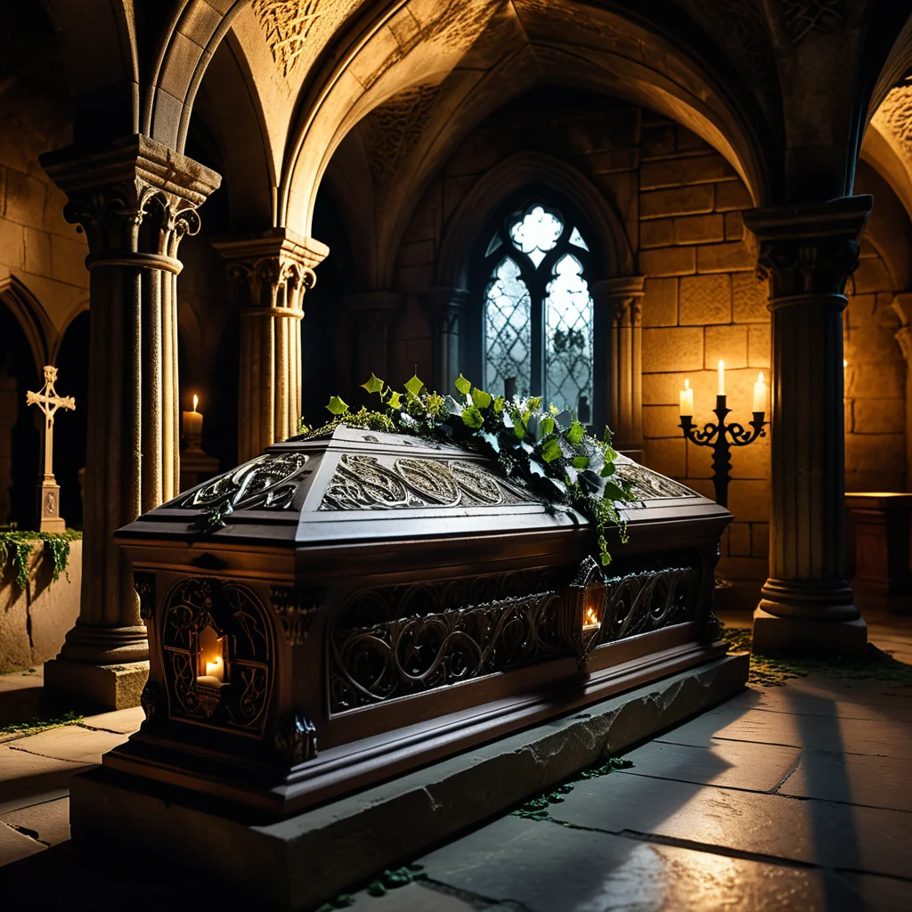 horror-themed A dramatic and atmospheric photograph of the interior of an ancient crypt, dimly lit by flickering candlelight. The crypt features old, cracked stone walls covered in moss and ivy, with intricate carvings and Gothic details etched into the stone. At the center of the crypt lies an ornate vampire coffin, made of dark, polished wood with silver and gold inlays, adorned with ancient symbols and intricate Gothic patterns. The coffin is slightly ajar, revealing a glimpse of red velvet lining. Surrounding the coffin are scattered bones, dusty cobwebs, and antique candelabras with melting candles, casting eerie shadows across the crypt. The mood is dark, mysterious, and hauntingly beautiful, with subtle rays of pale moonlight filtering through a small, broken stained-glass window.
<lora:SDXLFaeTastic2400:0.4> <lora:extremely_detailed:0.4> extremely detailed,, eerie, unsettling, dark, spooky, suspenseful, grim, highly detailed, Masterpiece,best quality,hi res,8k,hi res,8k,award winning,(sharp focus, intricate, highly detailed),