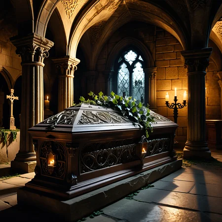 horror-themed A dramatic and atmospheric photograph of the interior of an ancient crypt, dimly lit by flickering candlelight. The crypt features old, cracked stone walls covered in moss and ivy, with intricate carvings and Gothic details etched into the stone. At the center of the crypt lies an ornate vampire coffin, made of dark, polished wood with silver and gold inlays, adorned with ancient symbols and intricate Gothic patterns. The coffin is slightly ajar, revealing a glimpse of red velvet lining. Surrounding the coffin are scattered bones, dusty cobwebs, and antique candelabras with melting candles, casting eerie shadows across the crypt. The mood is dark, mysterious, and hauntingly beautiful, with subtle rays of pale moonlight filtering through a small, broken stained-glass window.
<lora:SDXLFaeTastic2400:0.4> <lora:extremely_detailed:0.4> extremely detailed,, eerie, unsettling, dark, spooky, suspenseful, grim, highly detailed, Masterpiece,best quality,hi res,8k,hi res,8k,award winning,(sharp focus, intricate, highly detailed),