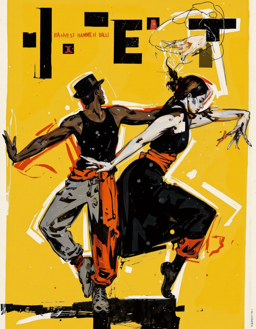 By Martin French. A striking and dynamic poster featuring a stylized illustration of two silhouetted figures in a dynamic pose against a bright yellow background with abstract shapes and lines. the poster is predominantly yellow with black and red accents, and the top of the poster has the words "harvest hammerball" written in bold, black letters. on the left side of the image, a black man, who appears to be in his mid-twenties, is facing away from the viewer, wearing a top hat and a long, flowing black dress with orange accents. he is standing with his arms stretched out to the sides and his head tilted upwards, as if in a state of intense concentration. his face is not visible, but his body is positioned in a way that suggests a sense of movement and energy. the other figure, also in a similar pose, is positioned to the right of the central figure, adding to the dynamic and energetic feel of the illustration. the composition is composed of abstract shapes, lines, and brush strokes, creating a visually striking contrast between the two figures. <lora:Martin_French:1>