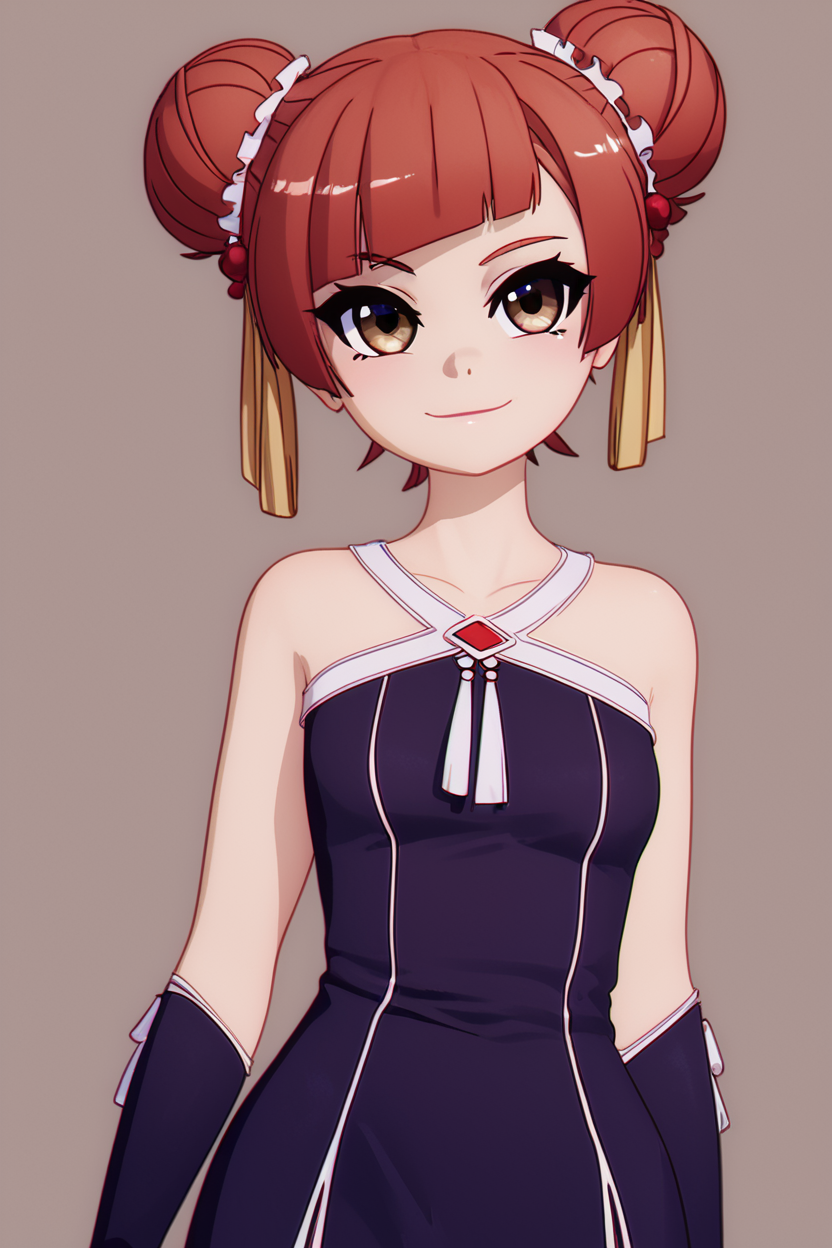 score_9, score_8_up, score_8, medium breasts, (curvy), cute, eyelashes,       BREAK, ,  zzLaufen, hair bun, double bun, red hair, short hair, brown hair, brown eyes, hair ornament, bare shoulders, black dress, collarbone,  <lora:LaufenFrieren_PDXL_v1:0.8>,  , BREAK, smile, closed mouth, looking at viewer, cowboy shot,  ,,, embedding:zPDXL, Expressiveh, ,,, <lora:MantisStyle_PDXL_v2:0.8>, <lora:SDXLFaeTastic2400:0.5>, <lora:Expressive_H-000001:0.4>,
