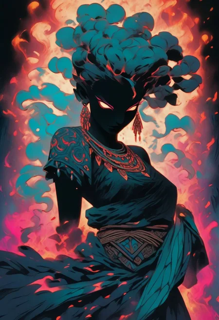 In a fantasy dungeon, a mysterious female silhouette, Herald of Chaos. Bright tattoos. Mystical power. Toga with dark slit. Sensual and dangerous. eroticism. tribal aesthetic. mystical color palette