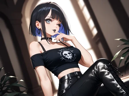 score_9,score_8_up,score_7_up, <lora:PONY_FP32_Realism:1> , 1girl, solo, amateur angle, luminous aura, winking face, (goth, black lipstick, silver jewelry, silver piercings, black mascara, black eyeshadow), (narrow-shouldered),tall stature, glowing hair,choker, (pearly white scarred skin), sculpted biceps, swollen breasts, soft midsection, slim hips, thick thighs, (hand on chin), tinted gloom swirl labyrinth garden, (<lora:goth_clothes:1> black crop top, black platform boots), <lora:InvaderDarling_PonyXL_Style:1>