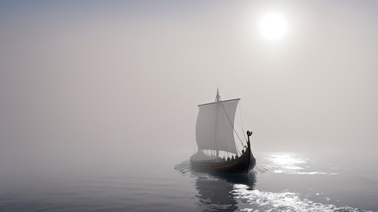 side view of a Viking ship emerging from a fogbank on a calm sunny ocean, heat haze, brilliant sunshine, chiaroscuro <lora:Viking_Ship:1>