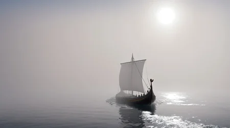 side view of a Viking ship emerging from a fogbank on a calm sunny ocean, heat haze, brilliant sunshine, chiaroscuro <lora:Viking_Ship:1>