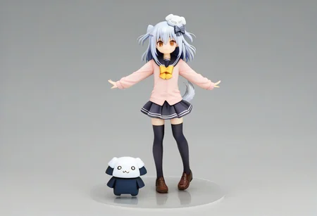 tamakiDefault, 1boy, dghd, dog hair ornament,  blue hair, grey hair, two side up, orange eyes, hair between eyes, dog tail, otoko no ko, multiple hair bows,  black bow, yellow bowtie, black skirt, black thighhighs, brown footwear, pink cardigan,