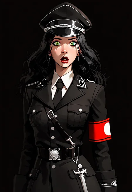 score_9, score_8_up, score_7_up, score_6_up, 1girl, sexy face, Long hair, black hair, lipstick, green eyes, asami, medium breasts, sexy , cute face , sexy girl, messy makeup, awe:5, easynegative, Expressiveh, g0thicPXL, glowing, neon,, xssuniformx, military uniform, black jacket, long sleeves, necktie, shoulder strap, belt, black pants, gloves, peaked cap, armband, knee boots shocked:5,, skinny, small boobs, thick lips, sexy pose, hips, thick thighs, standing,