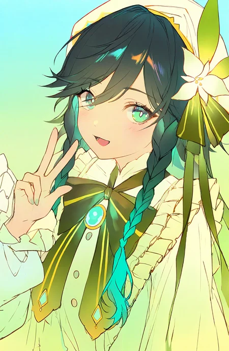 venti_\(genshin_impact\), solo, looking_at_viewer, smile, open_mouth, black_hair, long_sleeves, hat, bow, jewelry, green_eyes, blue_hair, braid, flower, multicolored_hair, frills, twin_braids, v, gradient_hair, beret, white_flower, brooch, androgynous, green_headwear