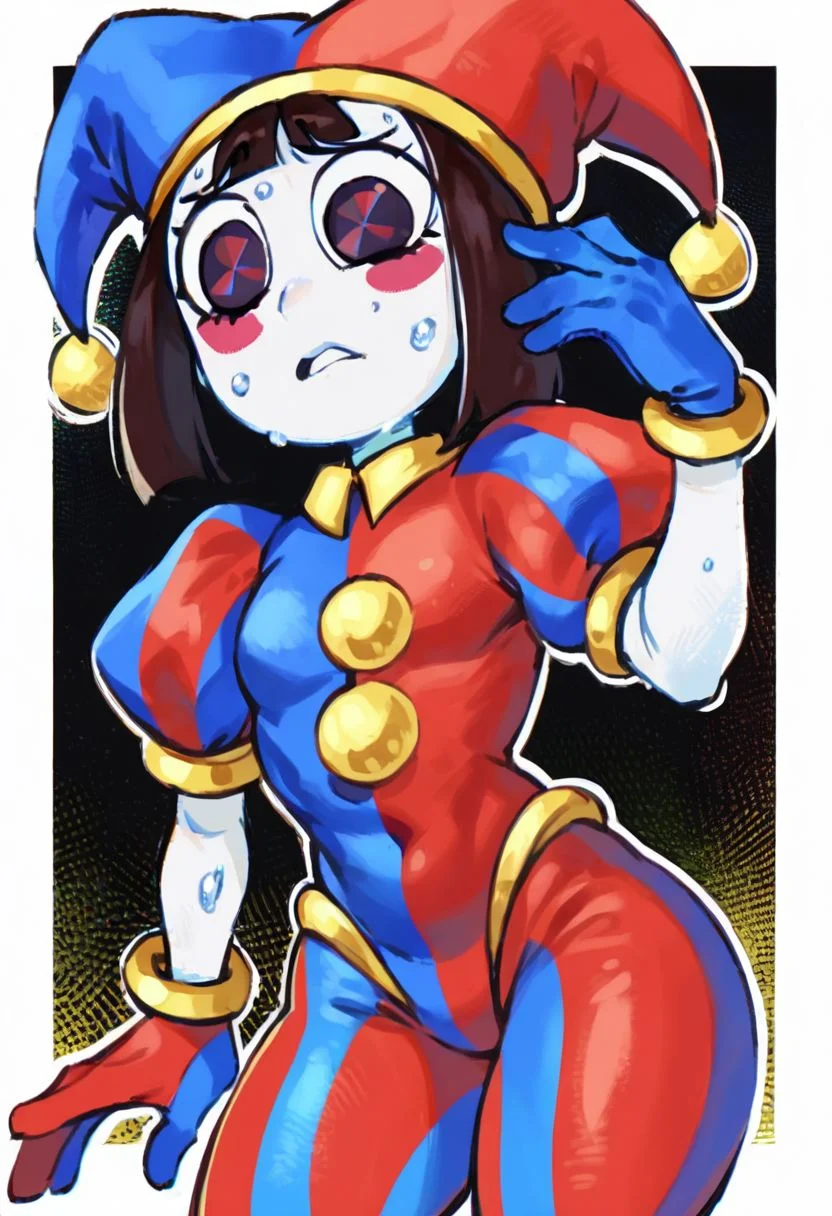 score_9_up, score_8_up, score_7_up, Score_6_up, Score_5_up, Score_4_up, source_anime, (masterpiece, perfectly detailed, detailed face, detailed eyes, beautiful eyes), 8K, extremely detailed, CuteMaster_PS, pomni,jester cap,blush stickers, 1girl, arm at side, black background, blue bodysuit, blue eyes, blue gloves, blue hat, blunt bangs, bodysuit, border, brown eyes, chromatic aberration, colored skin, cowboy shot, eyelashes, from below, frown, furrowed brow, glitch, gloves, hand up, hat, jester, jester cap, jester costume, looking at self, looking down, medium hair, multicolored clothes, multicolored hat, nervous, outside border, parted lips, pom pom (clothes), puffy pants, puffy short sleeves, puffy sleeves, red bodysuit, red eyes, red gloves, red hat, short sleeves, solo, sweat, symbol-shaped pupils, thigh gap, two-tone bodysuit, two-tone eyes, white border, white skin, worried