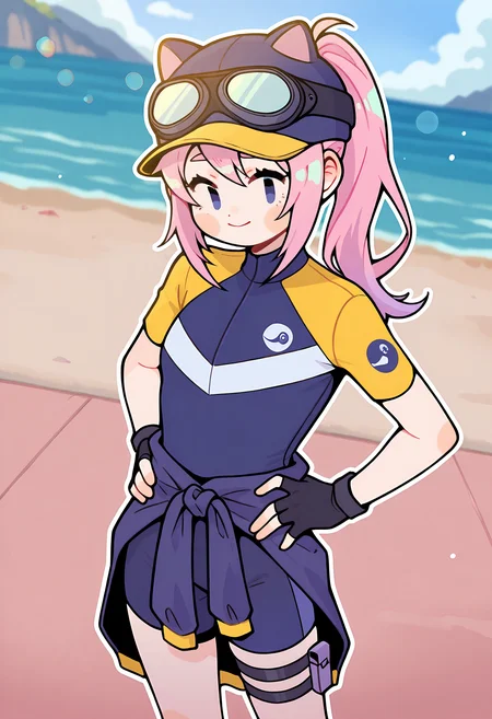 <lora:OMS_Steamd_Girl:1> oms_steamd_girl, 1girl, solo, no sclera, pink hair, ponytail, fingerless gloves, hat, goggles on headwear, cyclist shirt, yellow short sleeves, jacket around waist, blue bike shorts, one thigh strap,
amazing quality,very aesthetic,absurdres,newest, REAK depth of field, blurry background, dutch angle, dynamic angle, white outline, lens flare,
looking at viewer, :),
outdoors, sea side, hands on hips