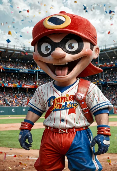 score_9, score_8_up, score_7_up, score_6_up, score_5_up, score_4_up, source_anime, 1boy, vinnie_gognitti_Baseball_mp2, Captain Baseball Bat Boy mascot costume, man in mascot costume, in a parade, outside