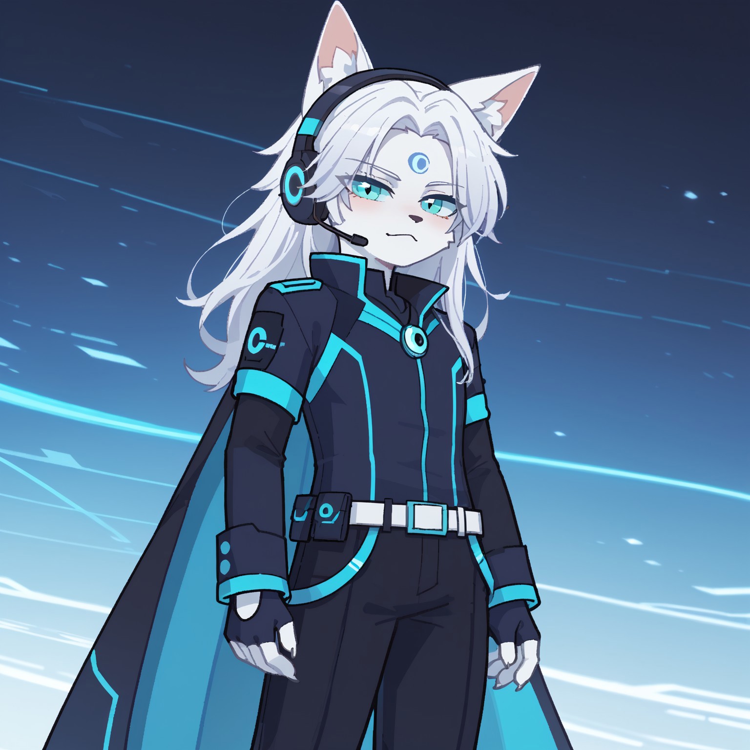 safe_pos, score_9, score_8_up, score_7_up, score_6_up, score_5_up, score_4_up, 1boy, 1man, LUNARIUS, furry, white skin, blue eyes, 3rd eye on forehead, Animada, sexy, wolf ears, white hair, futuristic outfit, blue and black suit, neon cyan accents, headset with microphone, confident expression, utility white belt, gloves, long cape, cyan eyes, standing, Arte, elaborado, detallado, posando