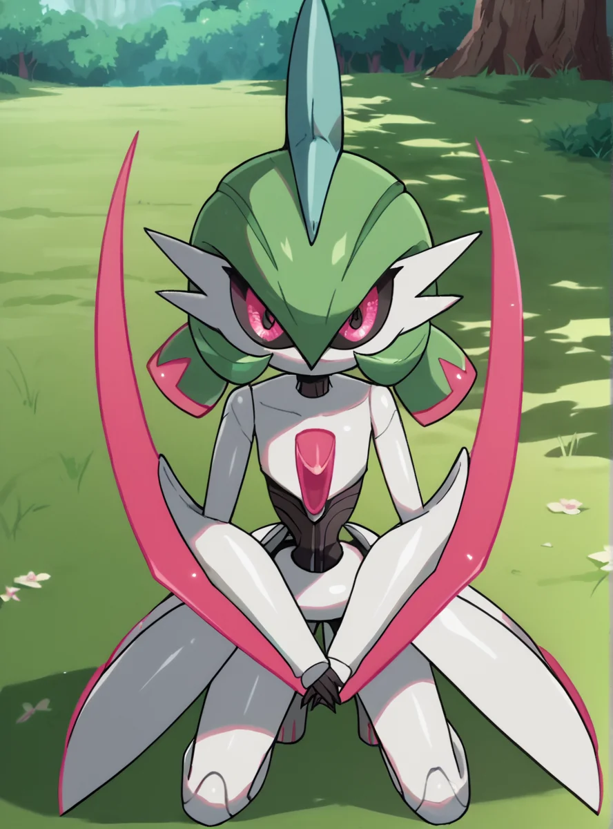score_9, score_8_up, score_7_up,score_6_up, score_5_up, score_4_up, source_anime ,anime screencap, <lora:IronValiant:0.8>ironvaliantsv, pokemon (creature), solo, green hair, colored skin, white skin, pink eyes, arm blade, colored sclera,outdoors, kneeling, looking at viewer, own hands together,