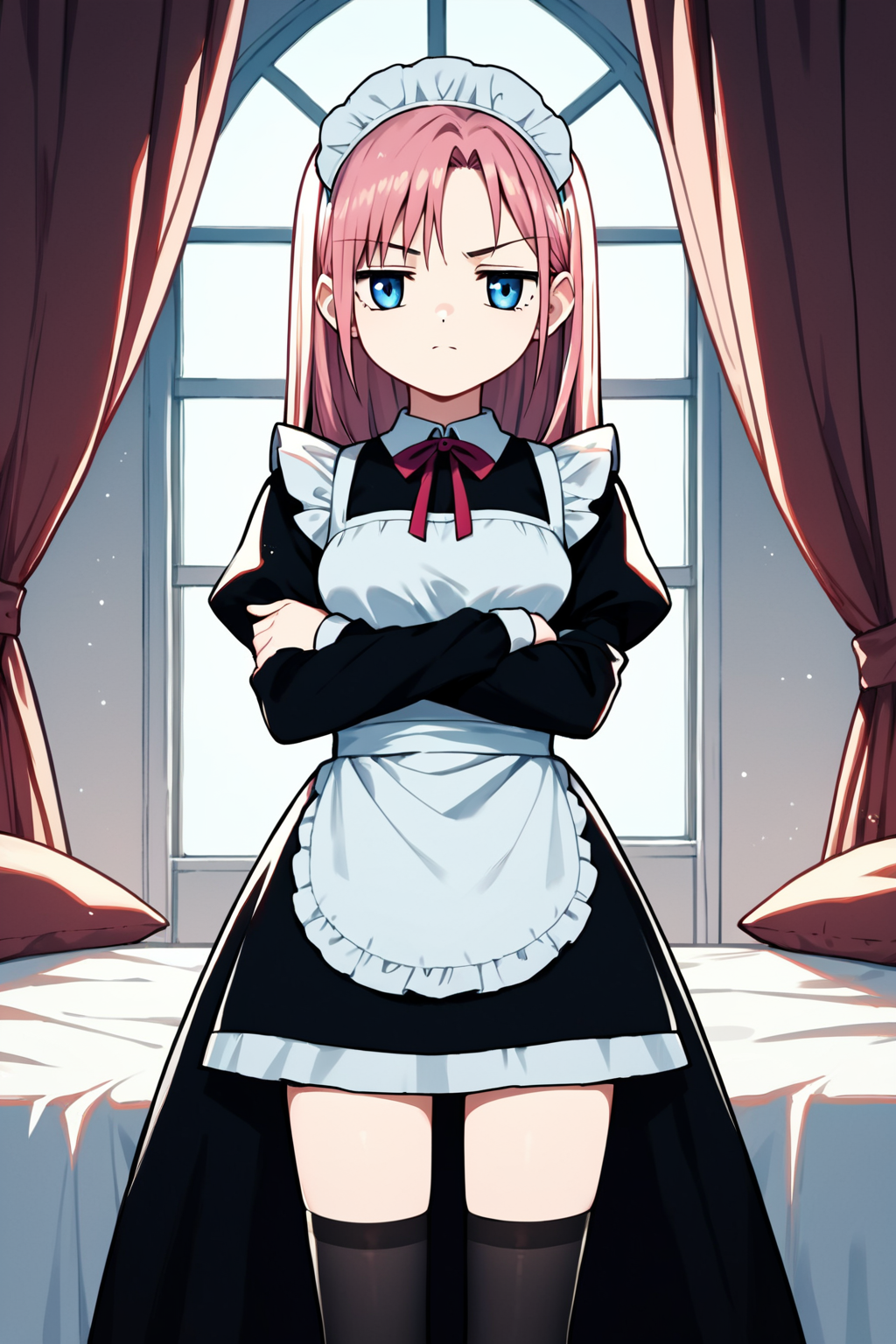 score_9, score_8_up, score_7_up, score_6_up, rating_safe, source_anime, best quality, masterpiece, detailed background, detailed eyes, bedroom, maid outfit, unimpressed, half-closed eyes, closed mouth, arms crossed, raised eyebrow, black thighhighs, <lora:kamio-haruko-xl-02:1>, kamio haruko, blue eyes, medium breasts,