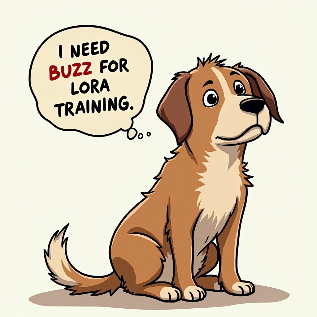 a sad dog with a speech bubble saying "I need buzz for lora training"