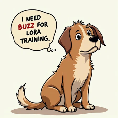 a sad dog with a speech bubble saying "I need buzz for lora training"